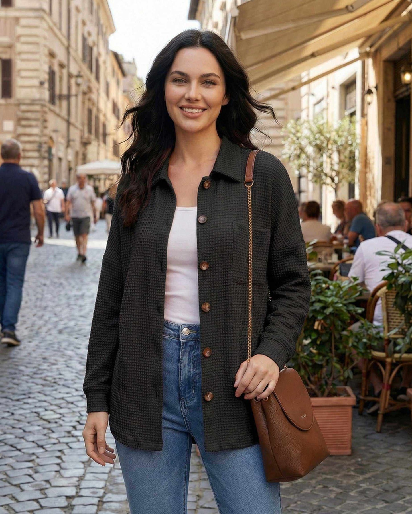 Milano Jacket by Lauven, Women's black jacket in waffle knit, casual longline fit, styled in city street.