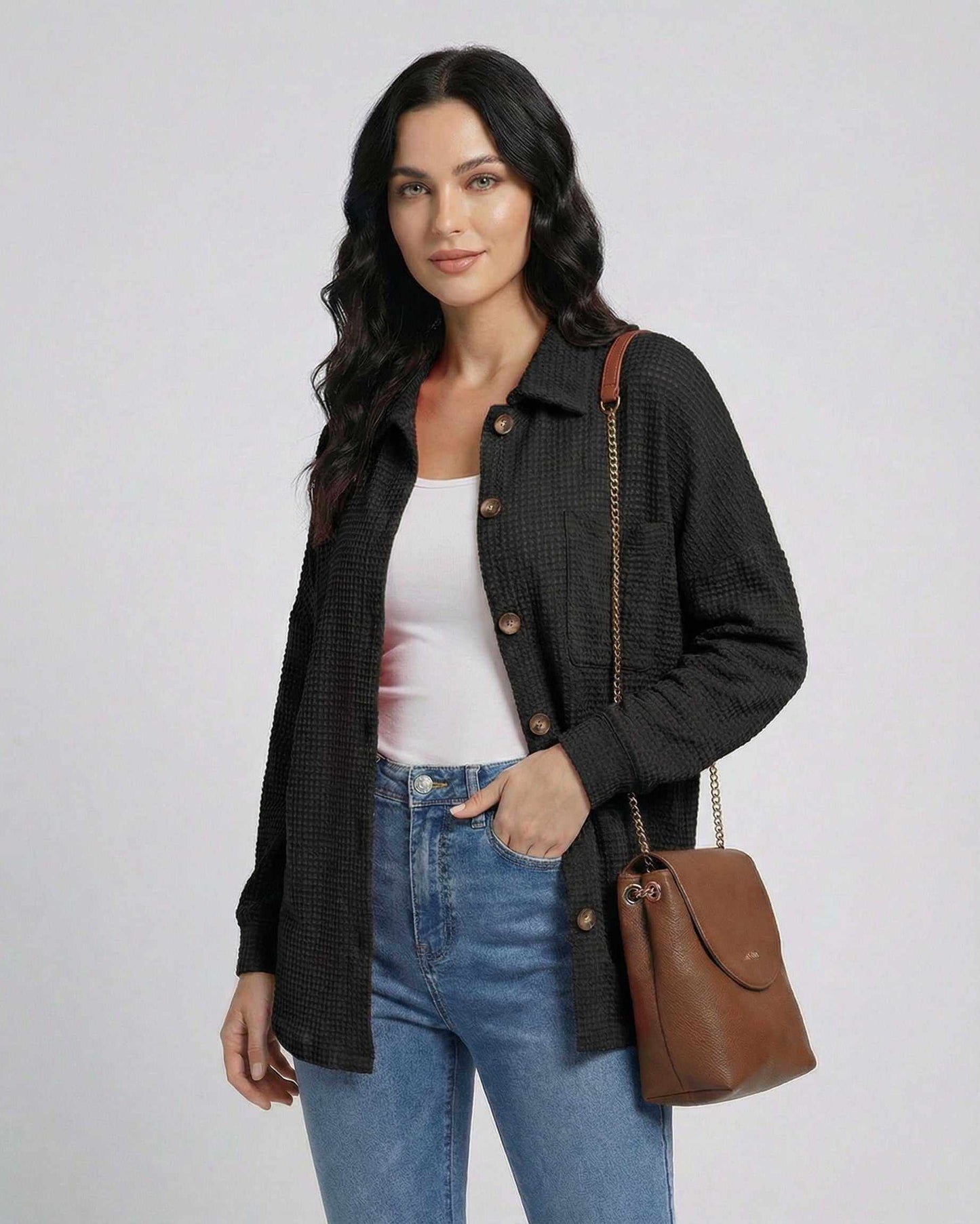 Milano Jacket by Lauven – Women’s black waffle knit jacket with casual fit and collared neck.