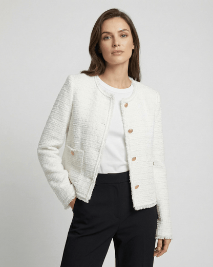Aurora Jacket by Lauven – Women’s elegant white tweed workwear jacket with long sleeves and round neck.