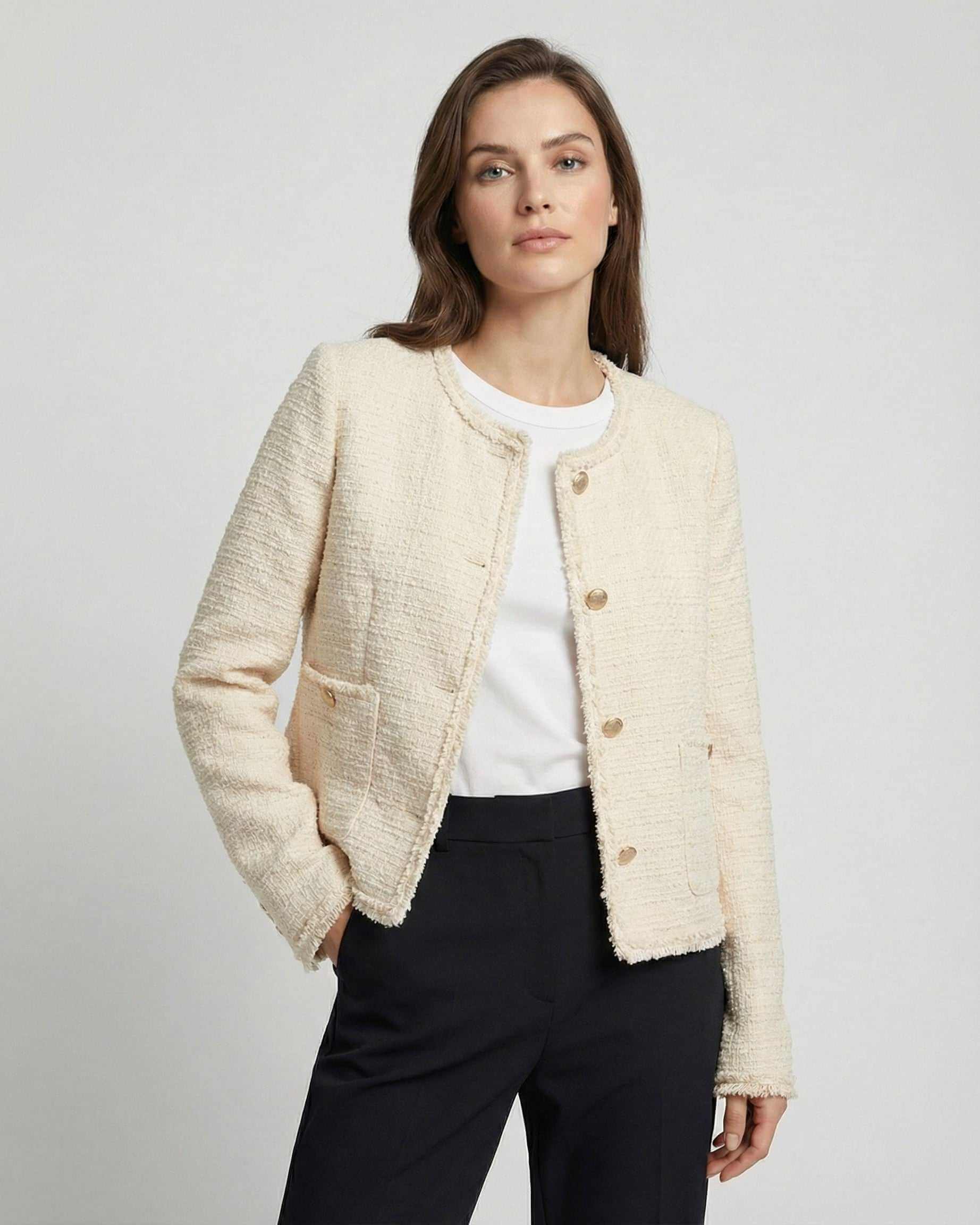 Sienna Jacket by Lauven, a women’s beige tweed jacket for elegant workwear, featuring a round neck and long sleeves.