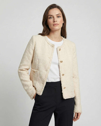 Sienna Jacket by Lauven, a women’s beige tweed jacket for elegant workwear, featuring a round neck and long sleeves.