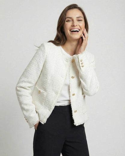 Aurora Jacket by Lauven, women's white tweed jacket for elegant workwear, featuring long sleeves and round neck.