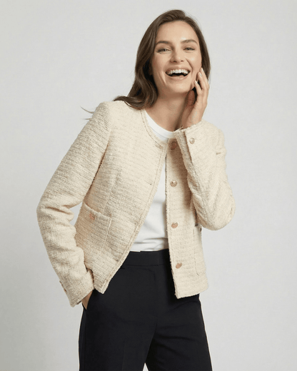 Sienna Jacket by Lauven – Women’s beige tweed jacket, elegant workwear, long sleeve round neck, polished look.