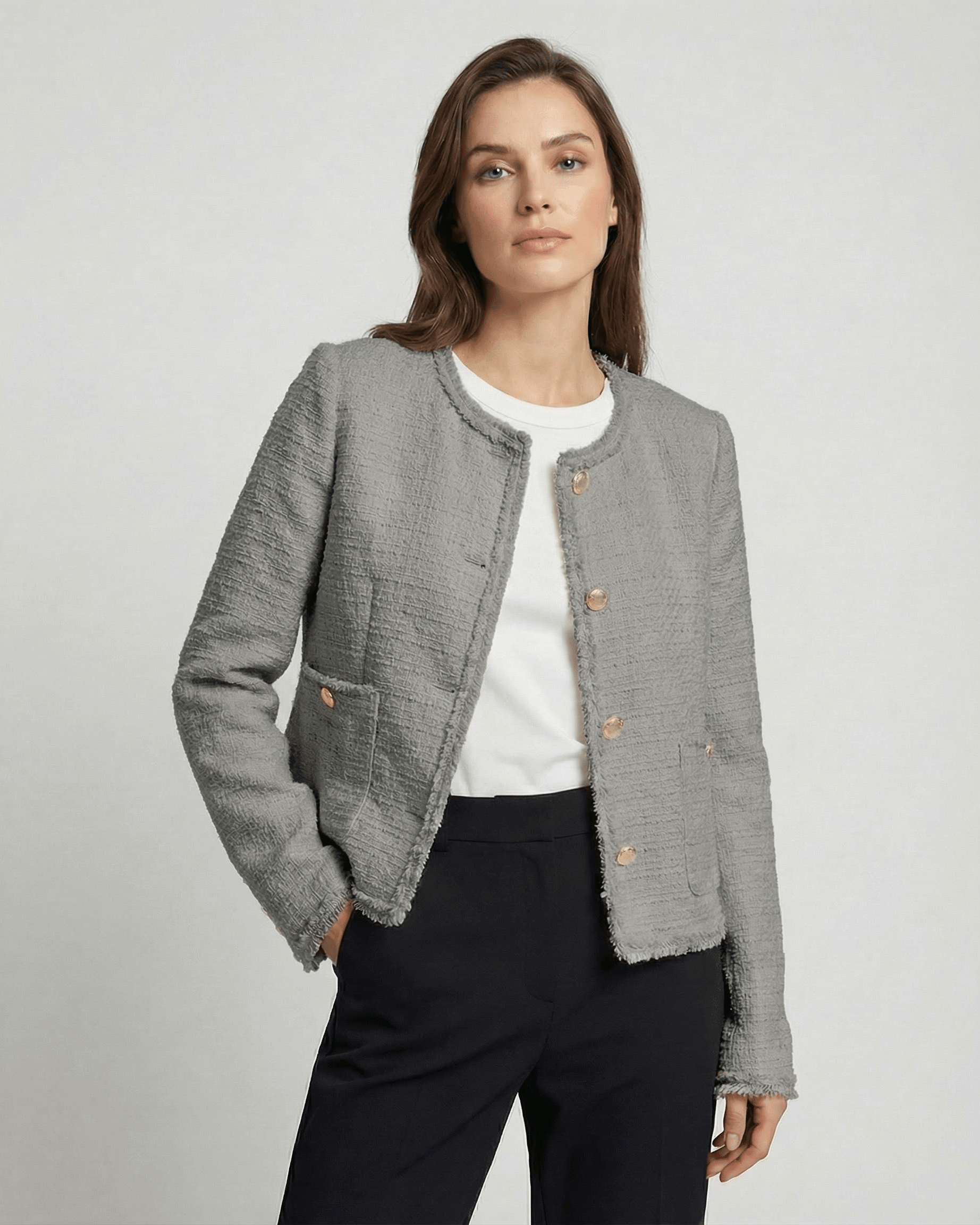 Milano Jacket by Lauven - Women's gray tweed jacket, elegant workwear design with long sleeves and round neck.