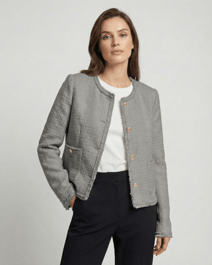 Milano Jacket by Lauven - Women's gray tweed jacket, elegant workwear design with long sleeves and round neck.