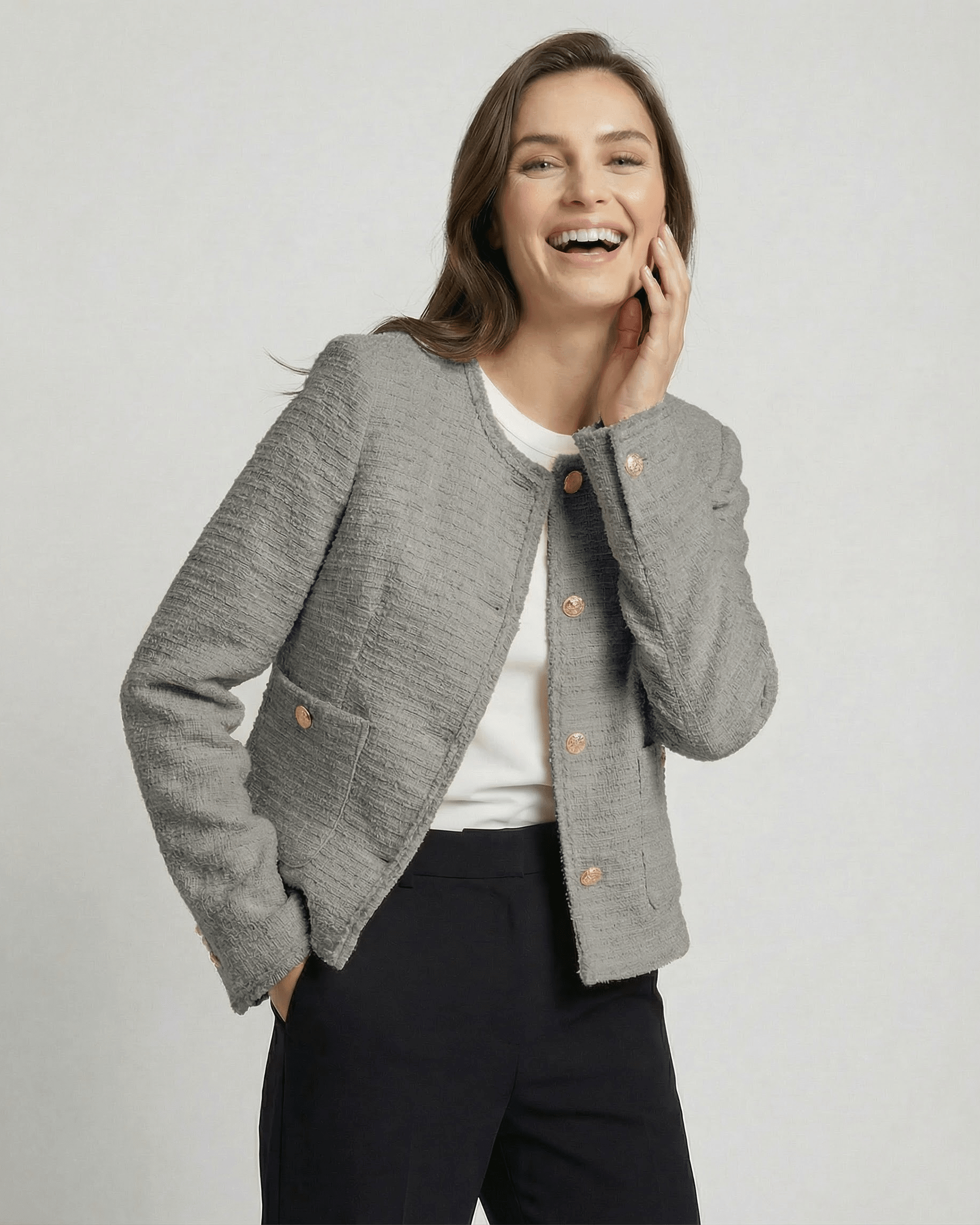 Milano Jacket by Lauven – Women's gray tweed jacket, elegant workwear styled with long sleeves and a round neck.