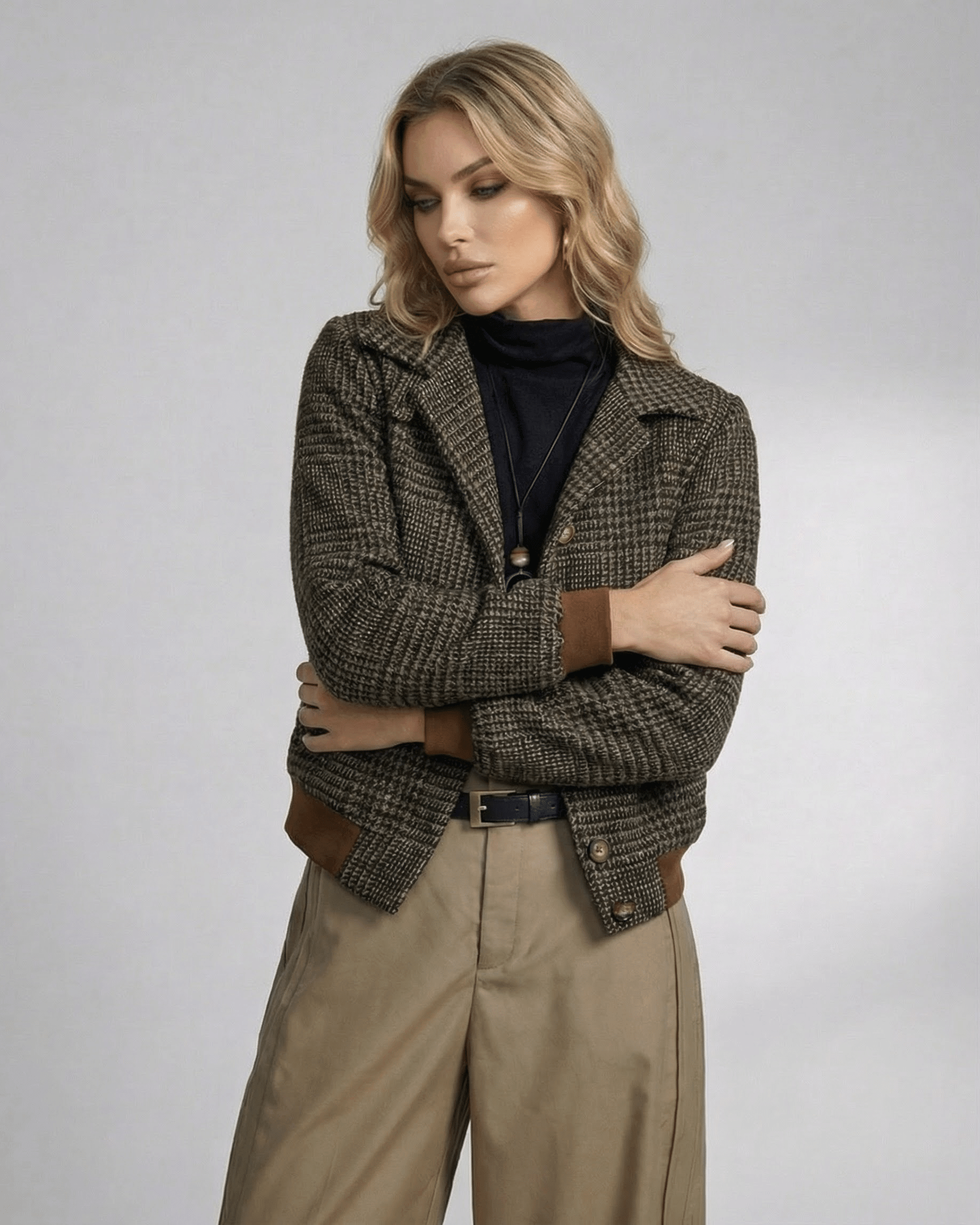 Cambridge Jacket by Lauven – Women's plaid jacket with lapel collar and long sleeves, showcasing modern versatility.