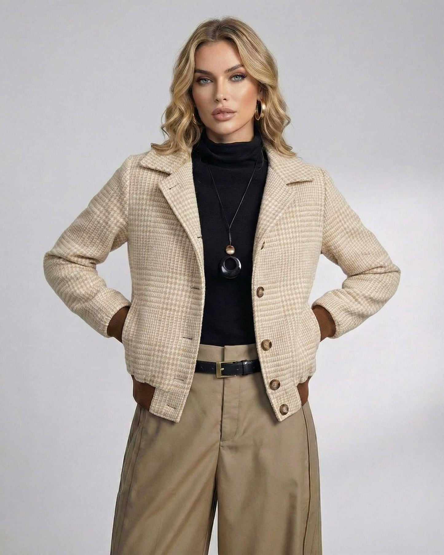 Monaco Jacket by Lauven featuring a women's plaid design with lapel collar and button front, perfect for fall.