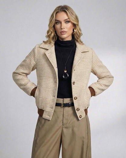 Monaco Jacket by Lauven featuring a women's plaid design with lapel collar and button front, perfect for fall.