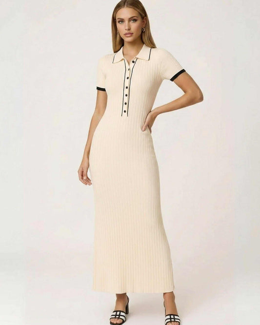 Sorrento Maxi Dress by Lauven, women's beige ribbed knit maxi with collared button detail and contrast trim.