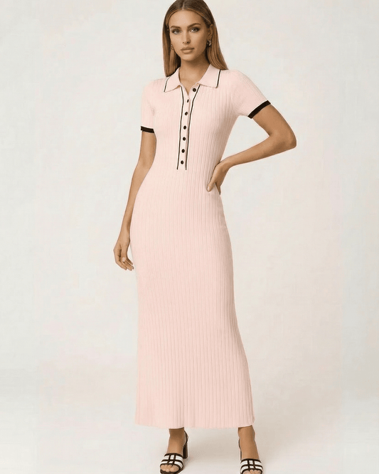 Valentina Maxi Dress by Lauven – Women’s pink ribbed knit dress with collared button detail.