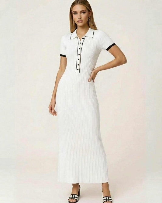 Bianca Maxi Dress by Lauven - Women's white ribbed knit dress with collared button detail and minimalist style.