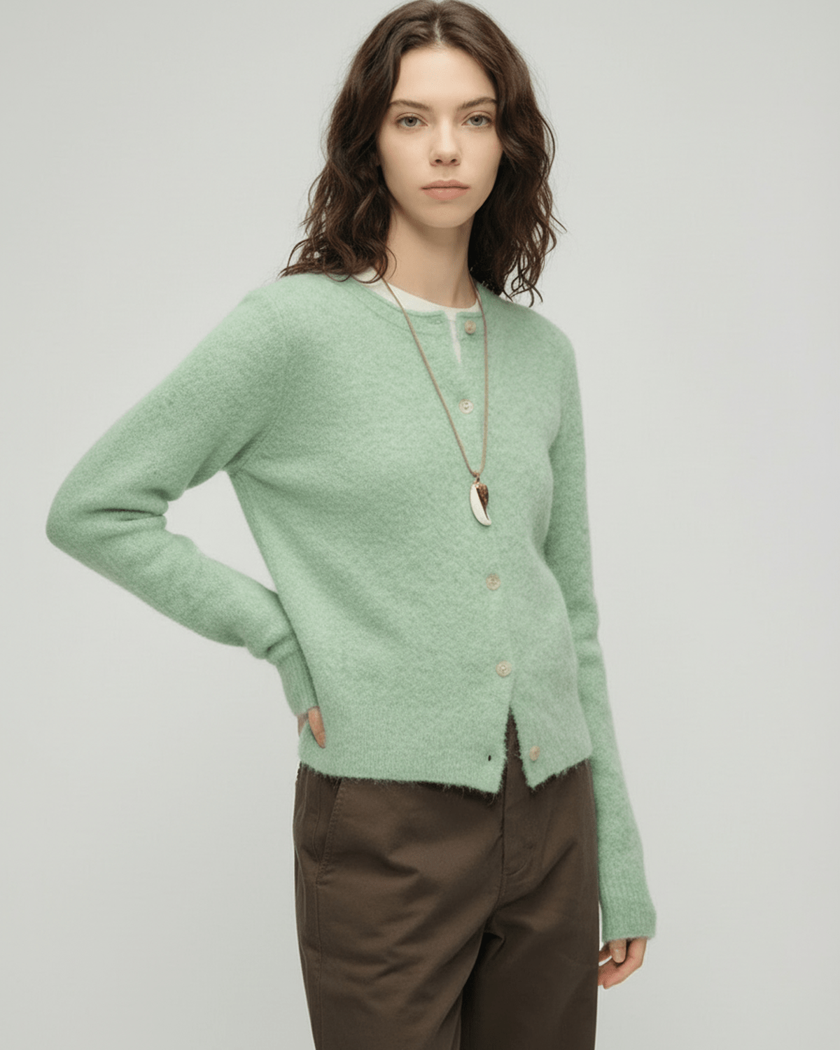Sage Cardigan by Lauven - Women's green cardigan sweater with round neck and button front.
