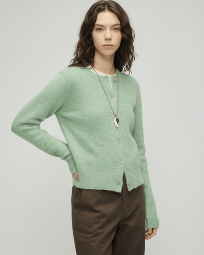 Sage Cardigan by Lauven - Women's green cardigan sweater with round neck and button front.