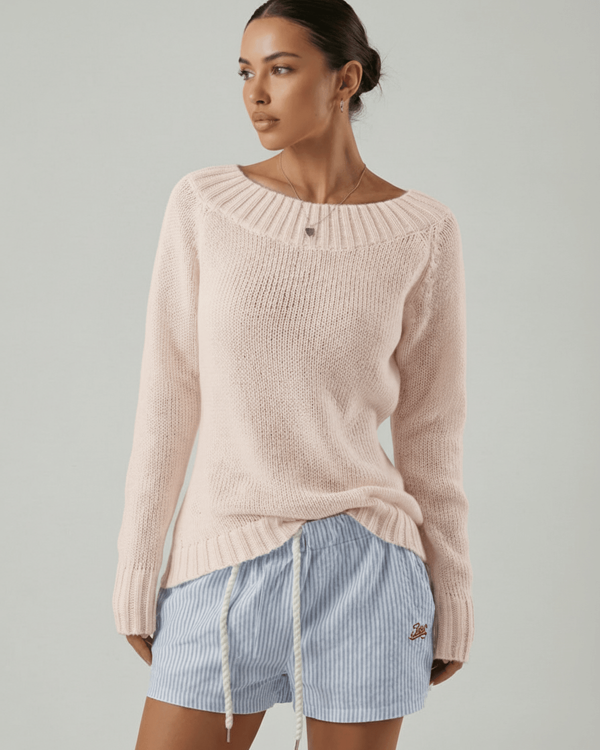 Rosaline Sweater by Lauven – Women’s pink boat neck sweater with rib knit detail, perfect for a polished look.