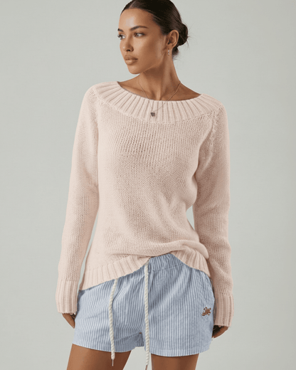 Rosaline Sweater by Lauven – Women’s pink boat neck sweater with rib knit detail, perfect for a polished look.
