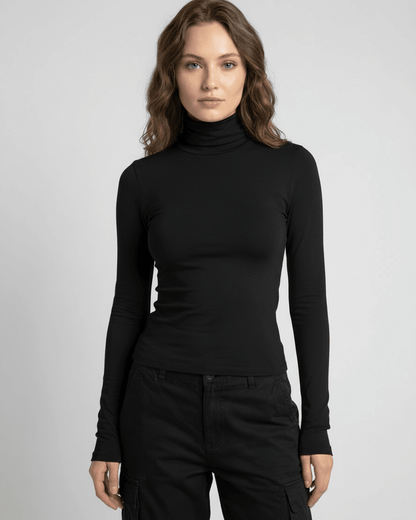 Lyric Long Sleeve by Lauven – Women’s black long sleeve high round neck top featuring a slim fit and soft material.