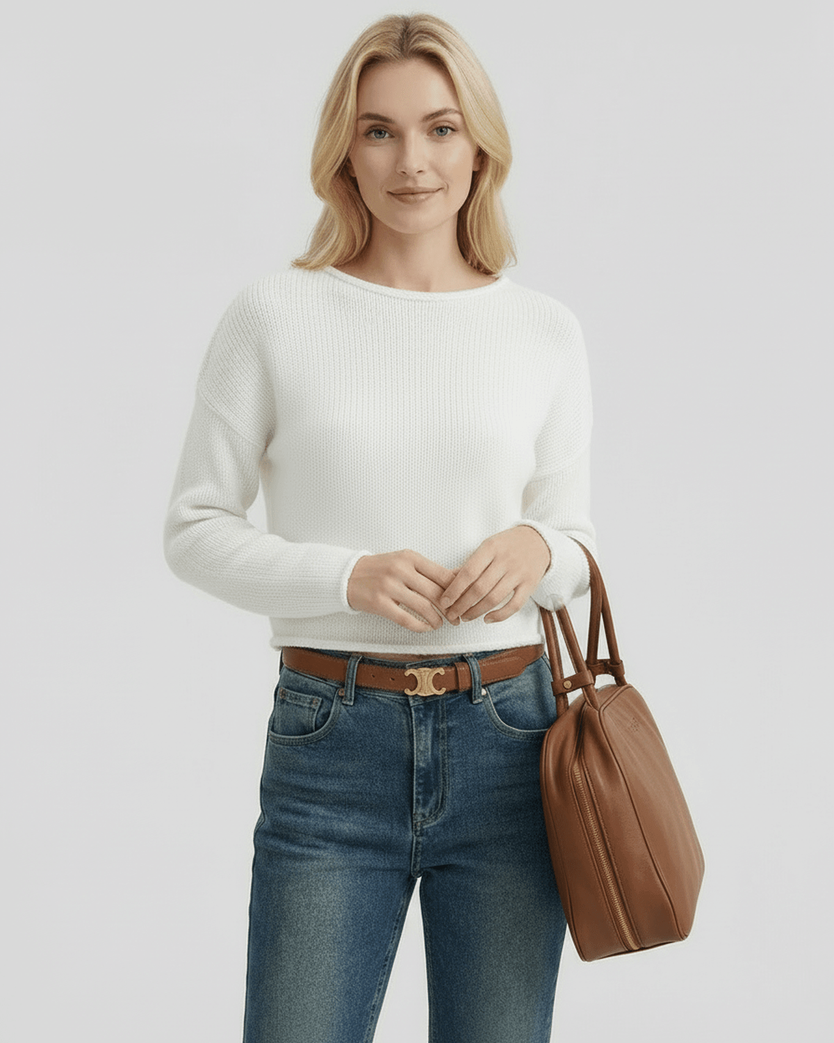 Lauven Luna Sweater – Women's white sweater with soft knit texture and stylish handbag.