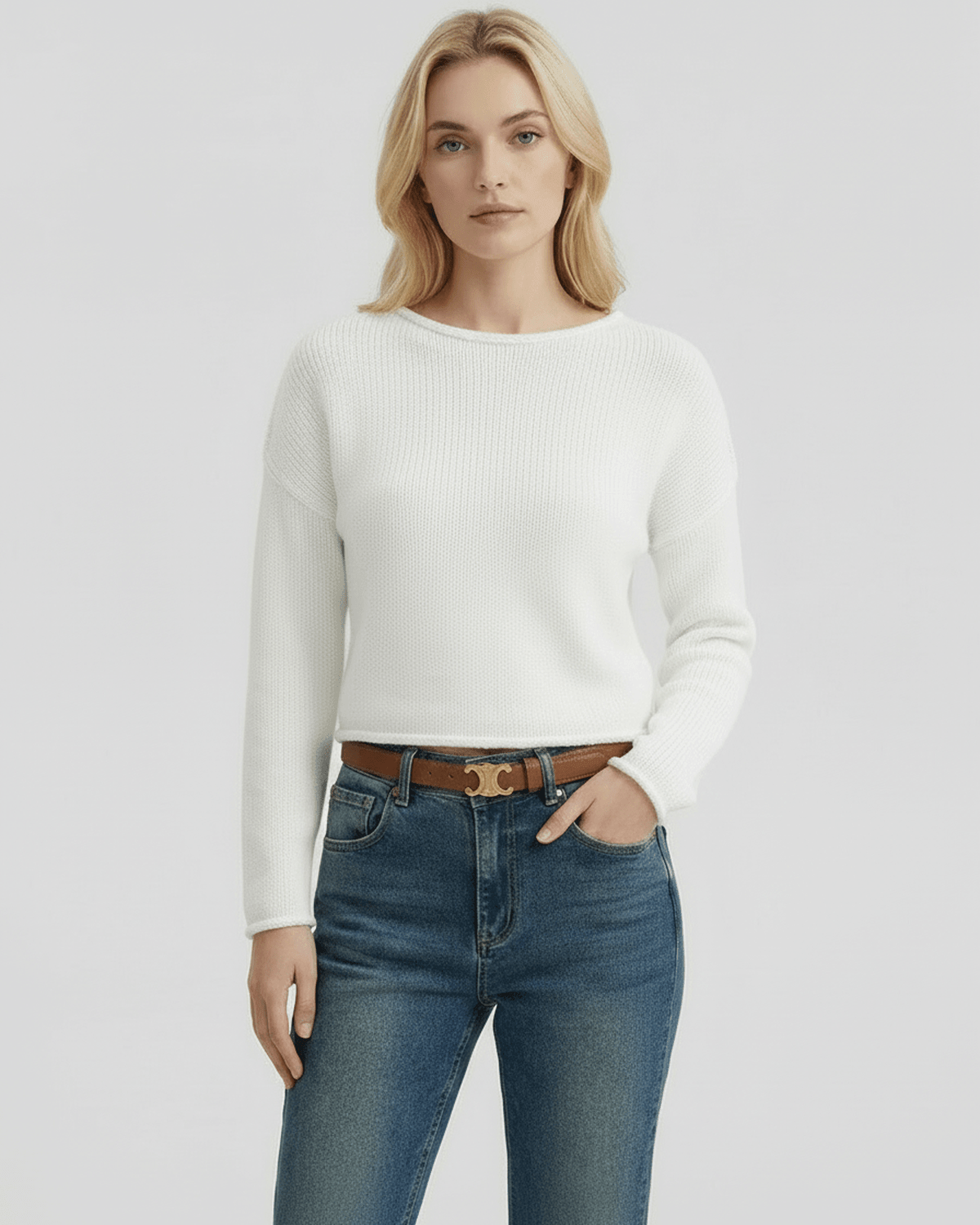 Luna Sweater by Lauven – Women’s white knit sweater with soft texture and regular fit.