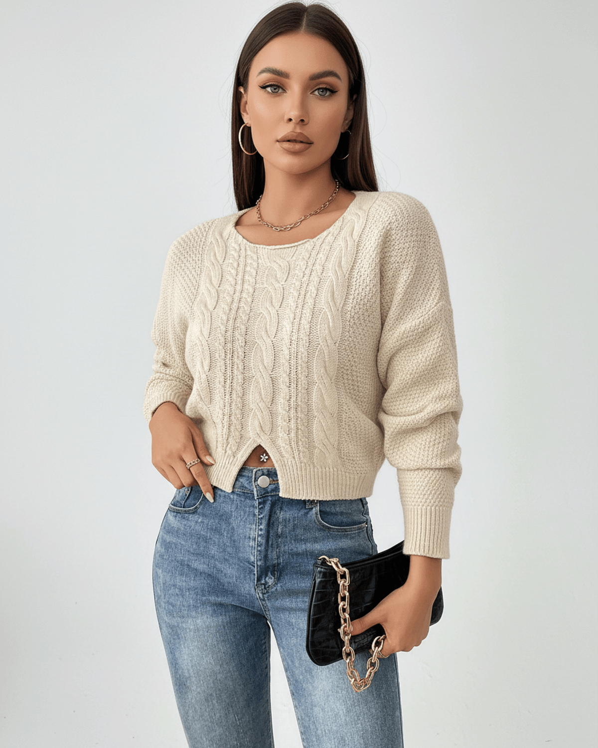 Sienna Sweater by Lauven – Women's cable knit cropped sweater in a stylish beige design, perfect for fall and winter.