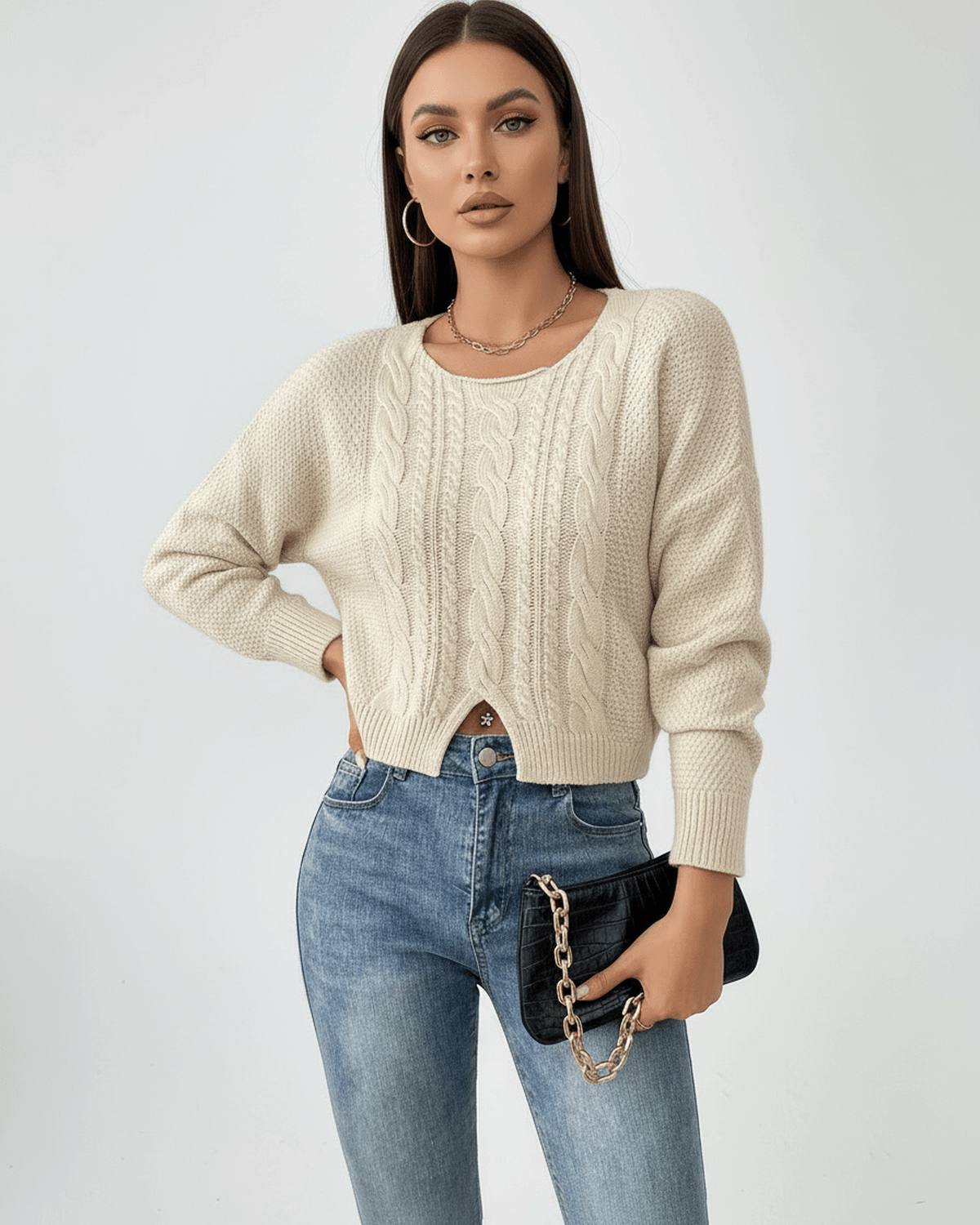 Sienna Sweater by Lauven – Women’s cable knit sweater with cropped silhouette, perfect for fall and winter styling.