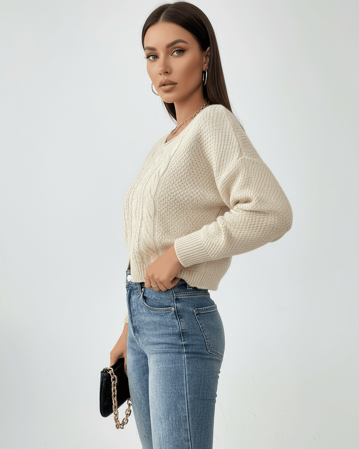 Sienna Sweater by Lauven - Women's cable knit sweater with cropped silhouette, perfect for fall and winter wardrobes.