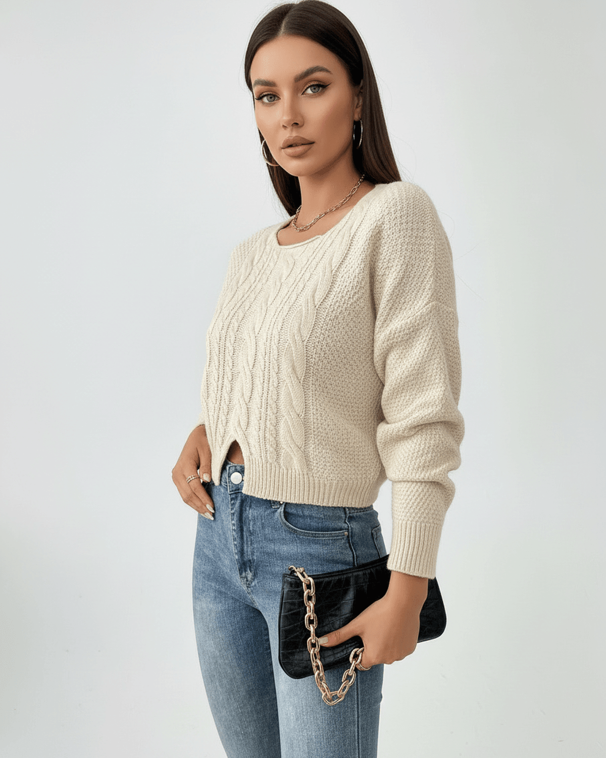 Sienna Sweater by Lauven - Women's cable knit sweater with modern cropped silhouette, perfect for fall and winter.