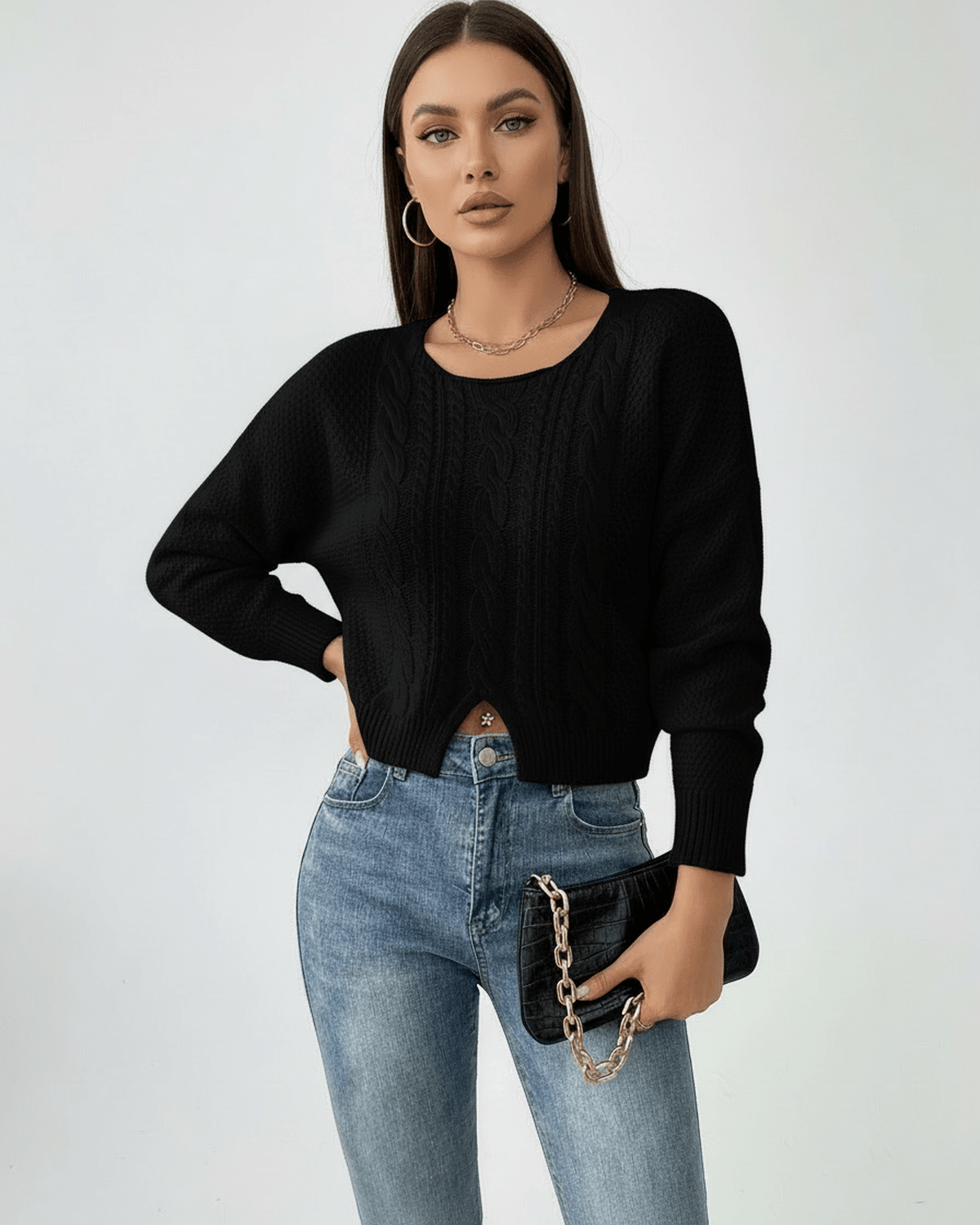 Noelle Sweater by Lauven – Women’s black cable knit cropped sweater for stylish fall and winter looks.