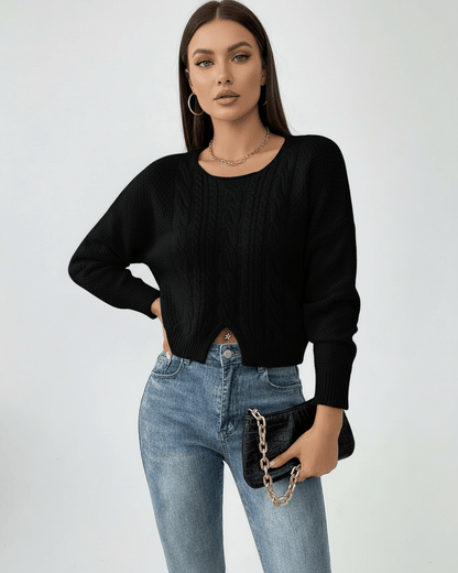 Noelle Sweater by Lauven – Women’s black cable knit cropped sweater for stylish fall and winter looks.