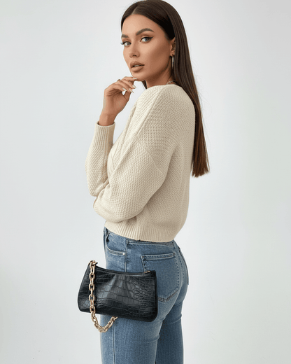 Sienna Sweater by Lauven, women’s cable knit design showcasing modern cropped silhouette in cream color.