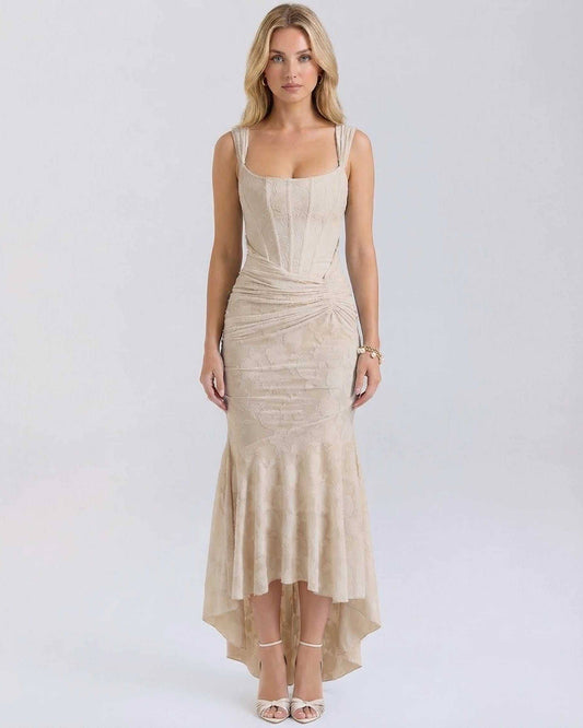 Sable Maxi Dress by Lauven featuring a square neckline, jacquard fabric, and elegant fish tail hem in nude.