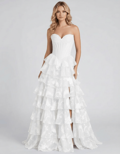 Celestia Maxi Dress by Lauven - Strapless lace dress with layered ruffle skirt and structured bodice.