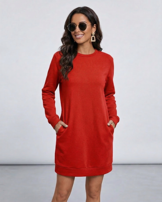Ruby Mini Dress by Lauven, casual red sweatshirt dress with pockets, featuring a relaxed silhouette and long sleeves.