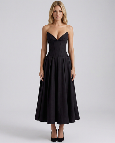 Aveline Midi Dress featuring a V-neck design, structured polyester, and elegant silhouette by Lauven.
