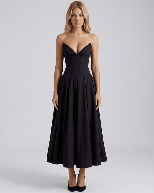 Aveline Midi Dress featuring a V-neck design, structured polyester, and elegant silhouette by Lauven.