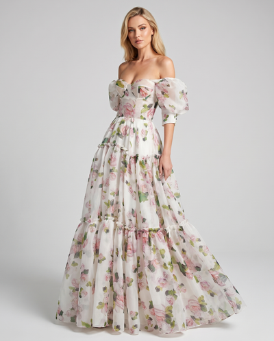 Aureli Maxi Dress - floral off-the-shoulder maxi dress by Lauven, featuring layered tiers and a soft floral print for elegance.