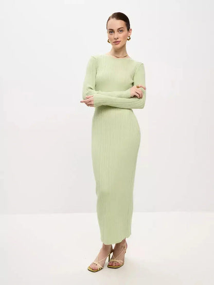 Celery Luxe Maxi Dress in light green, ribbed-knit design with long sleeves and a seamless silhouette.