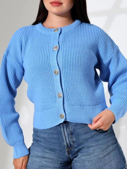 Skyler Cardigan by Lauven featuring a cozy light blue knit design with button closure and relaxed fit.