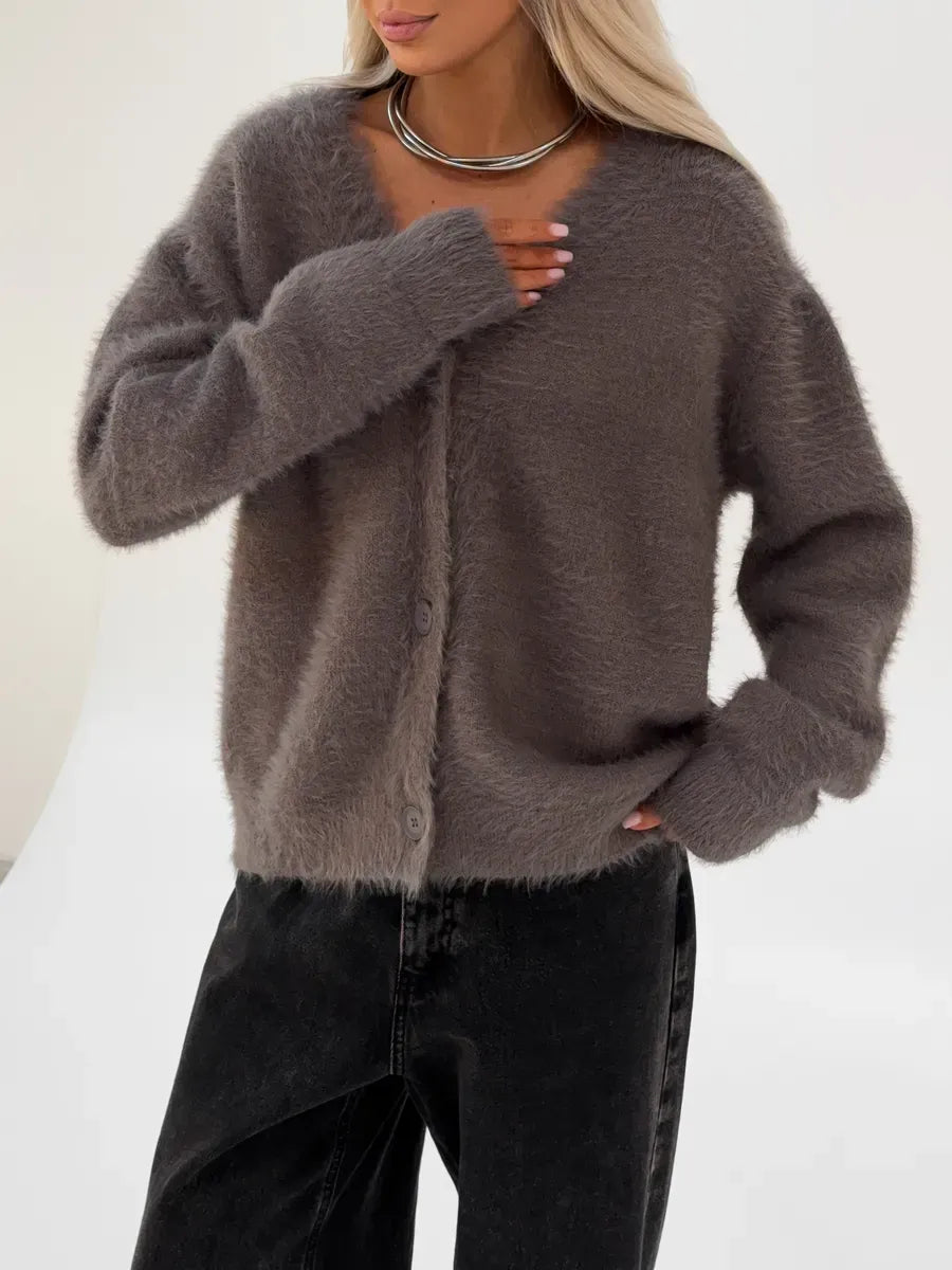 Vega Cardigan by Lauven, oversized gray fluffy knit cardigan with button closure, stylish and warm layer for everyday elegance.