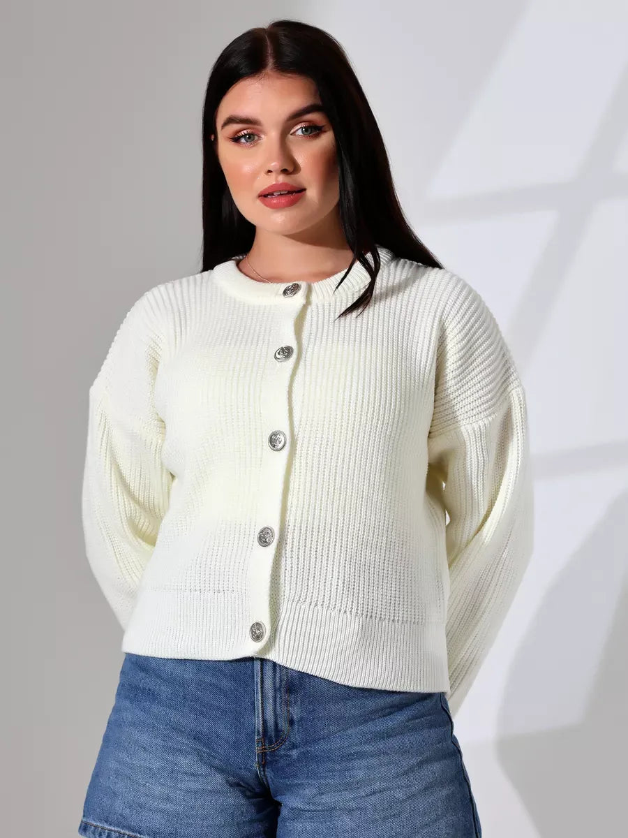 Luna Cardigan by Lauven, an elegant warm knitwear for women in soft milk color featuring a round neckline and long sleeves.