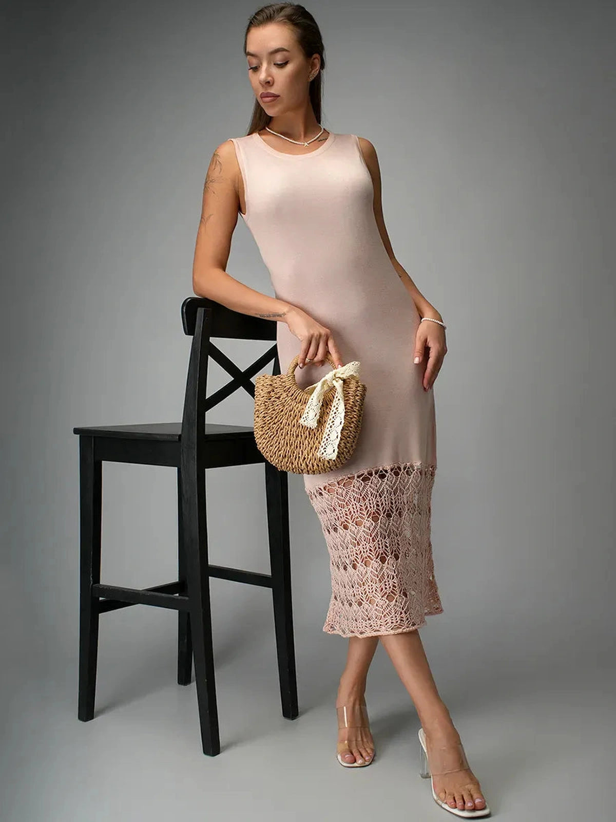 Elara Midi Dress by Lauven, featuring a beige knit design with crochet lace hem, perfect for stylish summer outings.