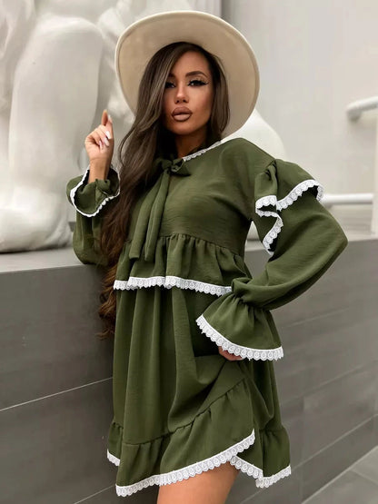 Olivea Mini Dress by Lauven featuring romantic ruffles and lace trim in a chic khaki design.