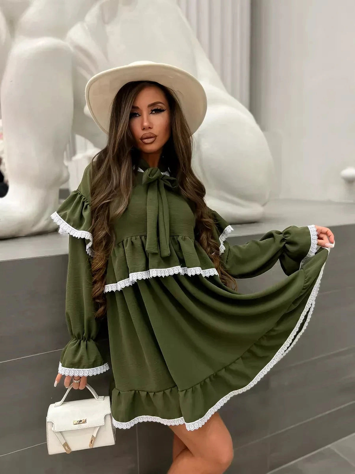 Olivea Mini Dress by Lauven, featuring romantic ruffles and lace trim in khaki, perfect for elegant casual wear.