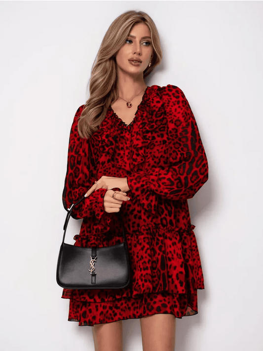 Savanna Mini Dress by Lauven in red leopard chiffon, featuring a flirtatious silhouette for bold elegance.