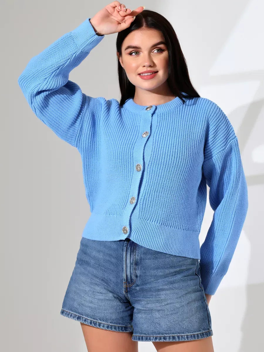 Skyler Cardigan by Lauven - Cozy light blue knit sweater with button closure, perfect for cooler days.