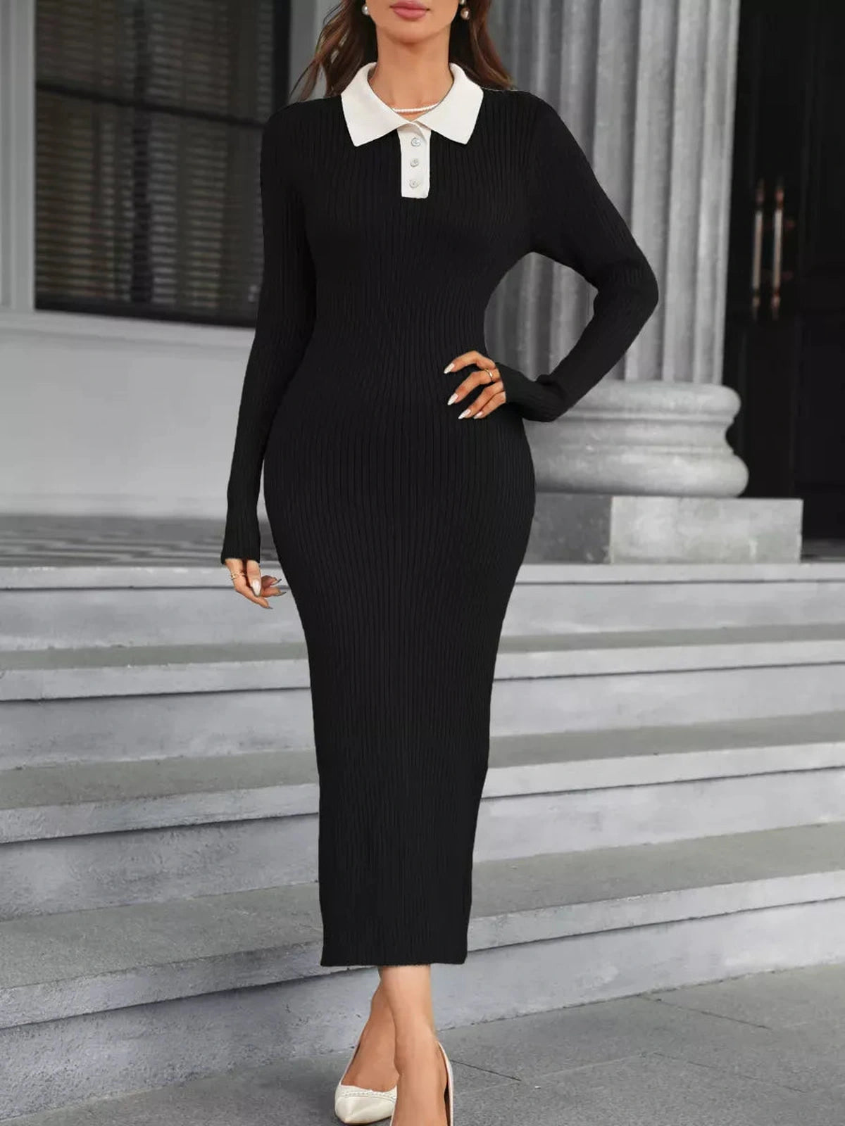 Onyx Midi Dress by Lauven, chic ribbed knit with contrasting collar and button detail in a sleek silhouette.