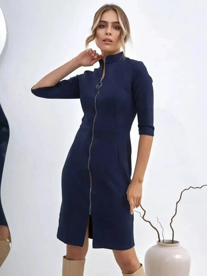 Orion Mini Dress by Lauven featuring tailored zip-front elegance and modern structured silhouette.