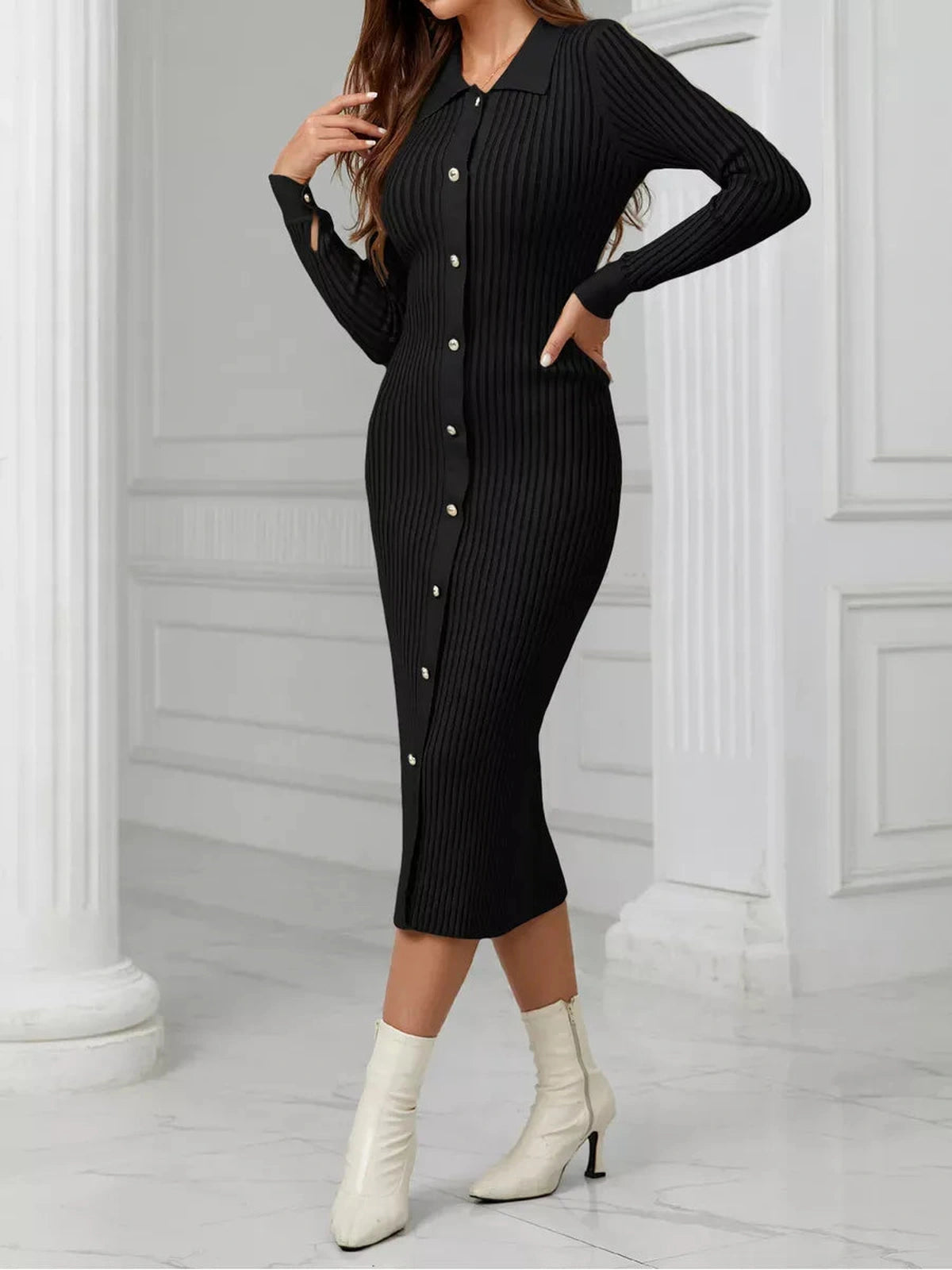 Noir Midi Dress by Lauven, featuring a sleek ribbed knit and button-down detail for a chic look.