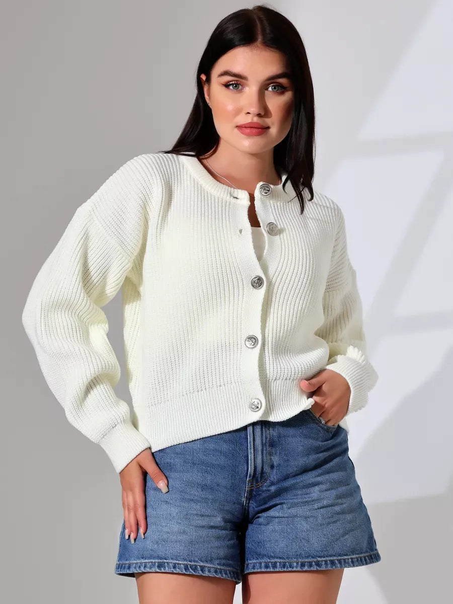 Luna Cardigan by Lauven, elegant warm knitwear for women, featuring a soft milk color and classic round neckline.