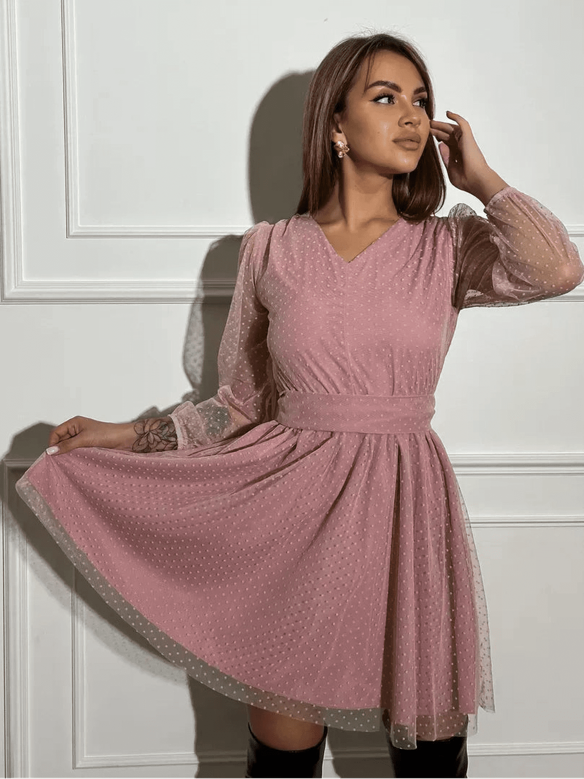 Aurora Mini Dress by Lauven in powder pink chiffon with sheer polka dot sleeves, featuring a V-neckline and fitted waist.